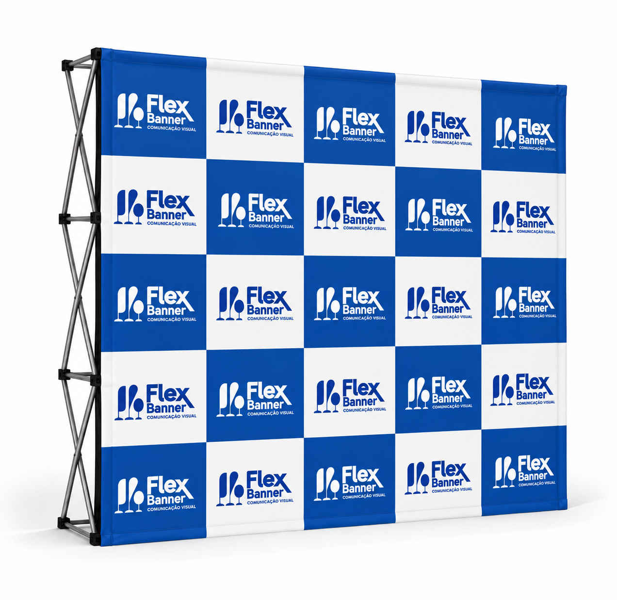 Backdrop retrátil FlexBanner 2,30 x 2,30 m com estrutura pantográfica em alumínio e tecido Oxford personalizado